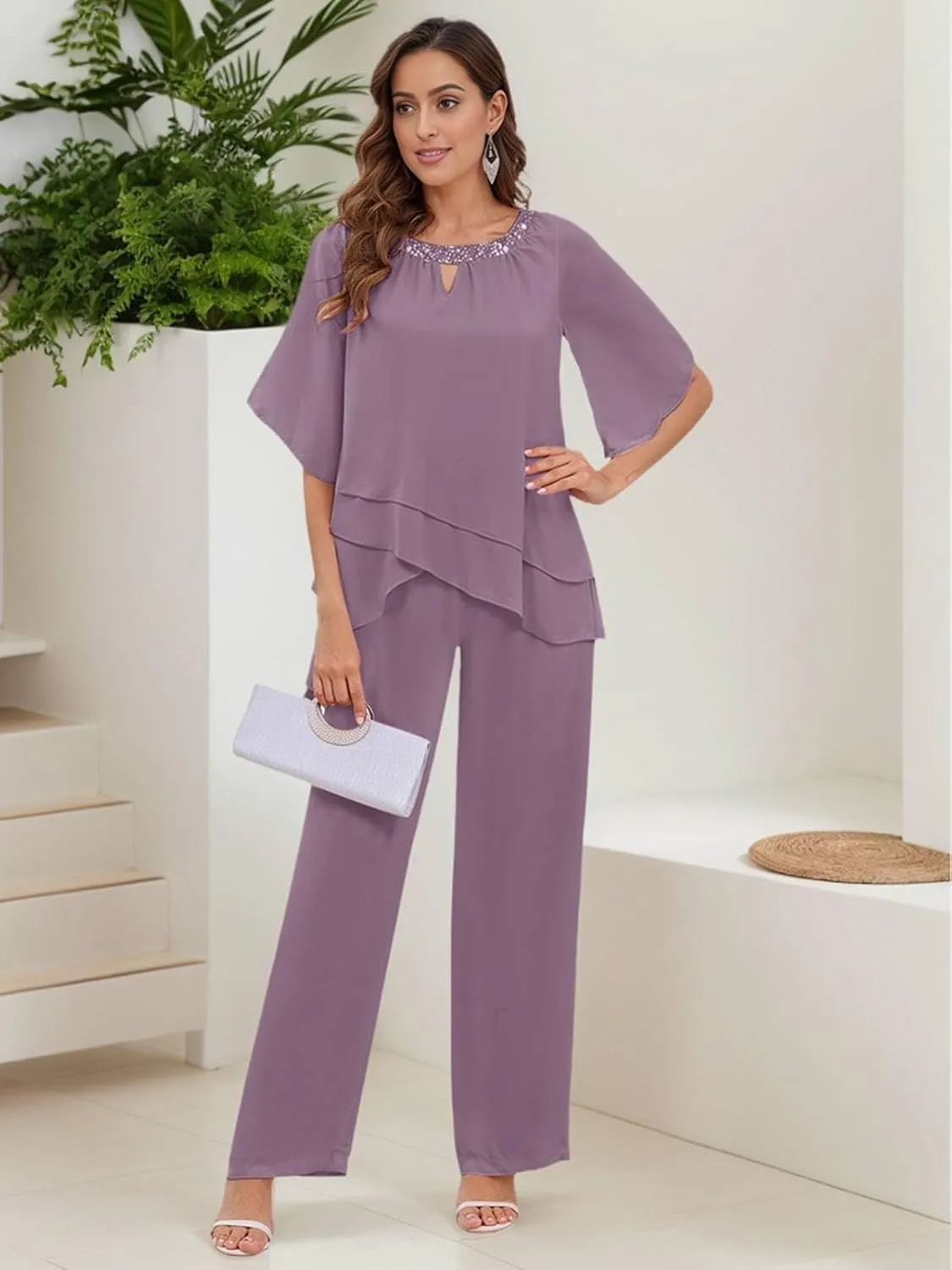 2 Pieces Mother of The Bride Pant Suits - Layered Chiffon Sequin Neck Grandmother of The Bride Dresses