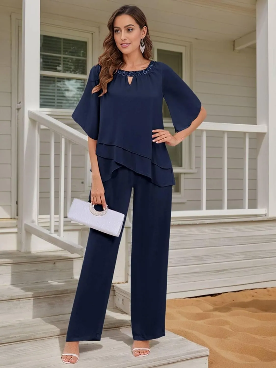 2 Pieces Mother of The Bride Pant Suits - Layered Chiffon Sequin Neck Grandmother of The Bride Dresses