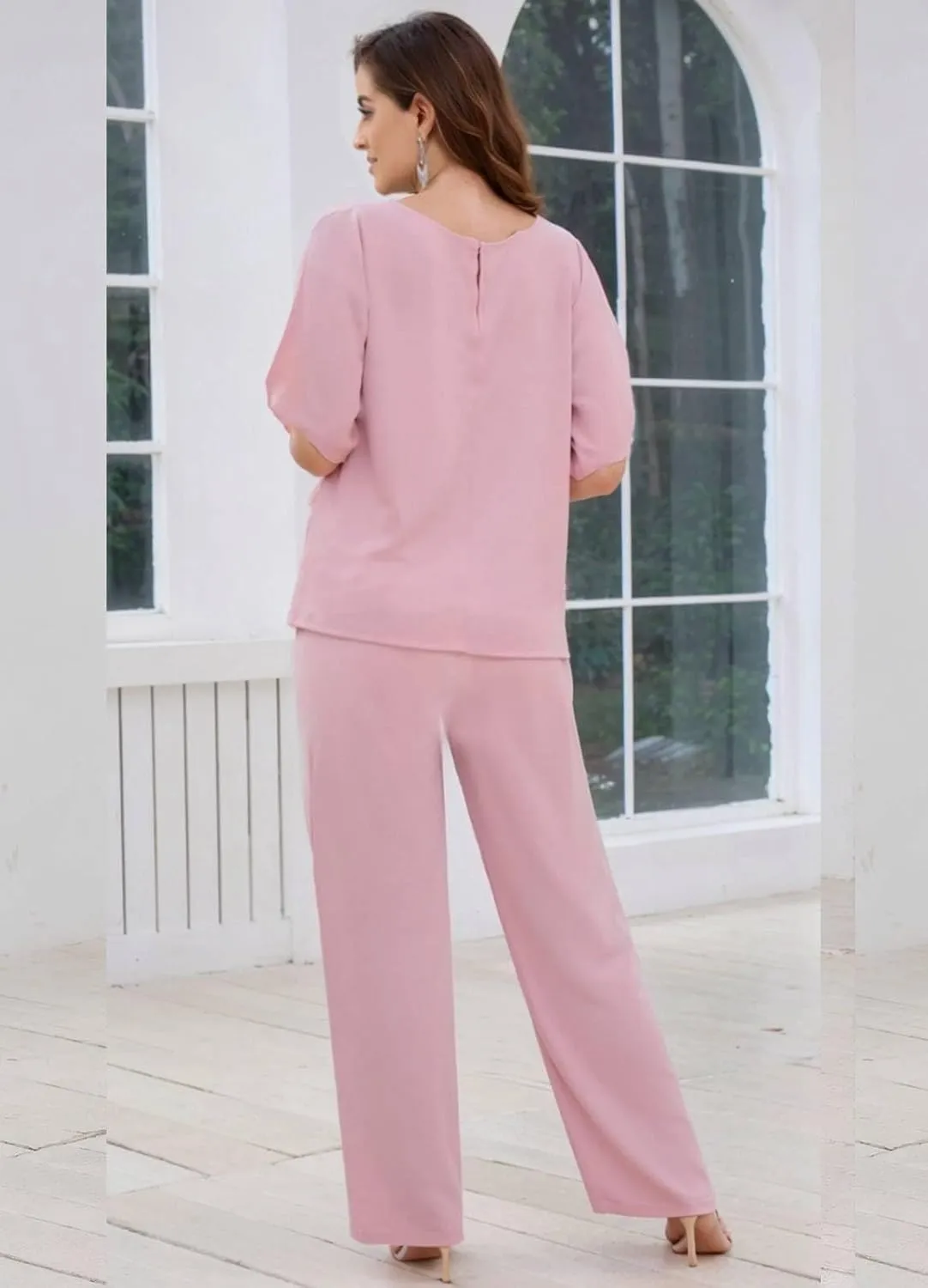 2 Pieces Mother of The Bride Pant Suits - Layered Chiffon Sequin Neck Grandmother of The Bride Dresses