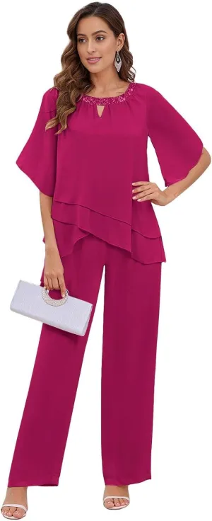 2 Pieces Mother of The Bride Pant Suits - Layered Chiffon Sequin Neck Grandmother of The Bride Dresses