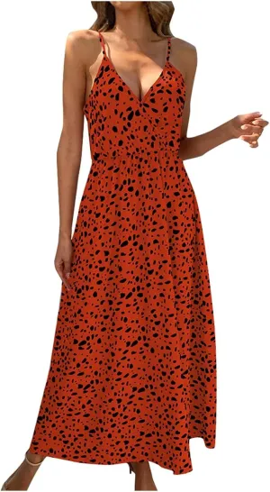 2025 Bohemian Floral Print Dress for Women Summer V Neck Spaghetti Strap Sleeveless Flowy Beach Maxi Dresses