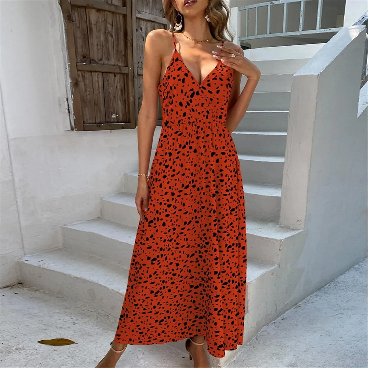 2025 Bohemian Floral Print Dress for Women Summer V Neck Spaghetti Strap Sleeveless Flowy Beach Maxi Dresses
