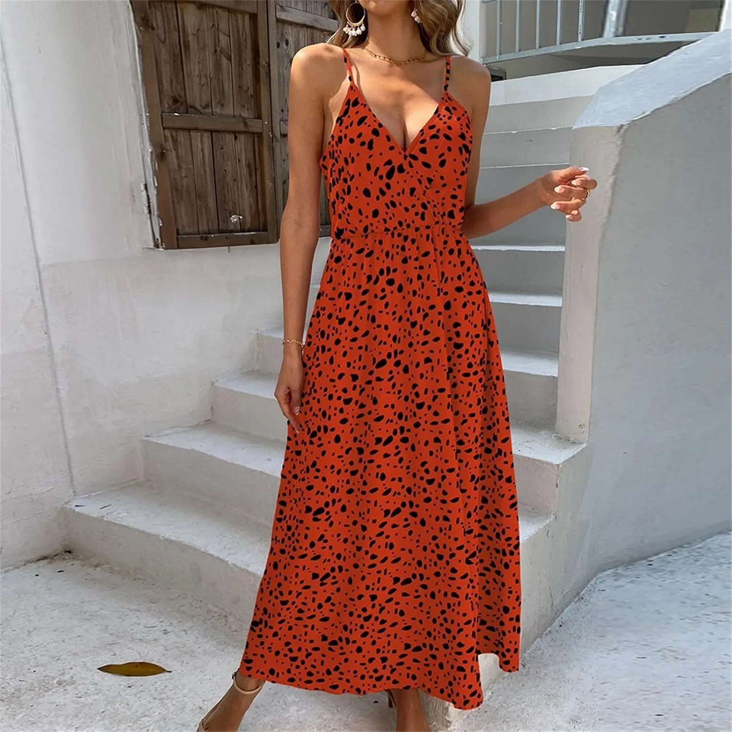2025 Bohemian Floral Print Dress for Women Summer V Neck Spaghetti Strap Sleeveless Flowy Beach Maxi Dresses