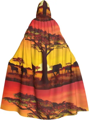 African Animal Sunset Print Halloween Hooded Cloak Adults Stylish Cape for Carnivals Themed Parties Cosplays