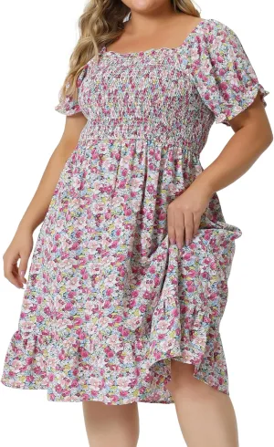 Agnes Orinda Plus Size Dress for Women Ruffle Short Sleeve Flared Flowy Smock Floral Print Dresses