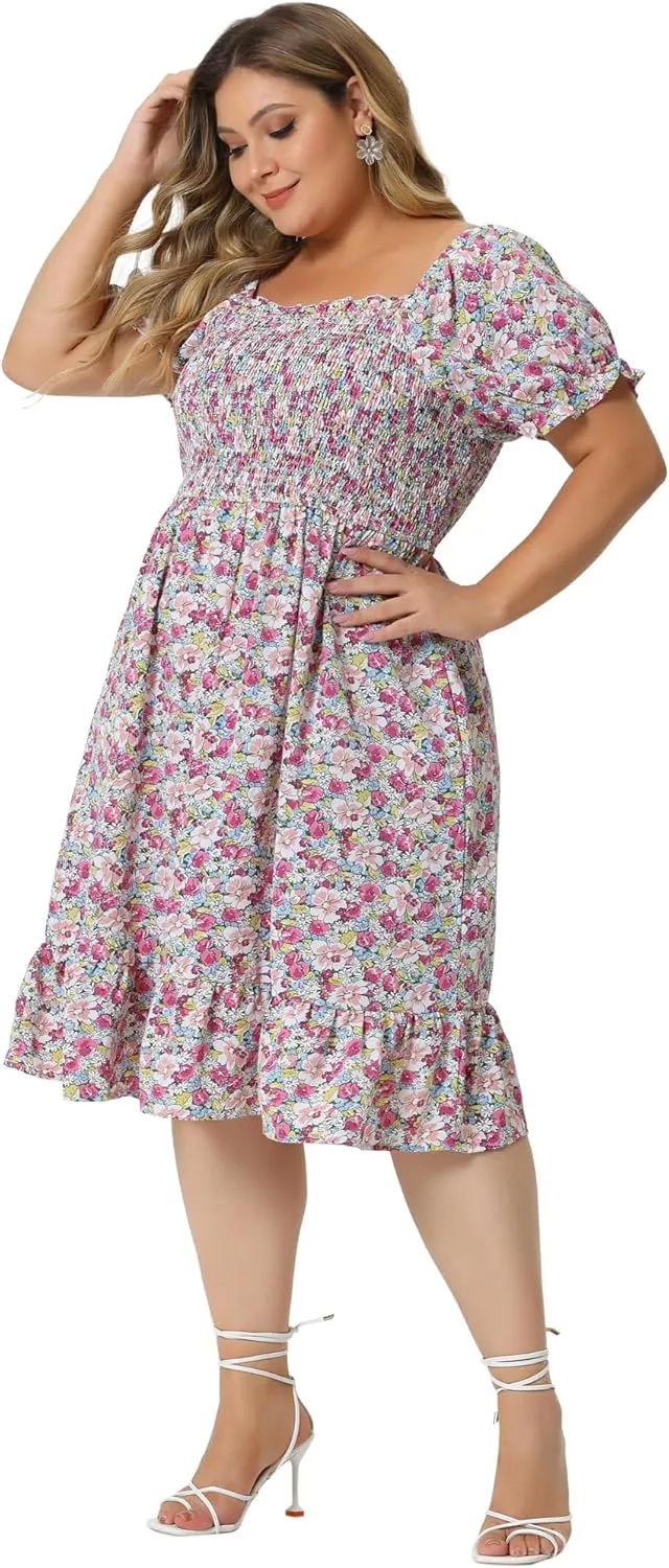 Agnes Orinda Plus Size Dress for Women Ruffle Short Sleeve Flared Flowy Smock Floral Print Dresses