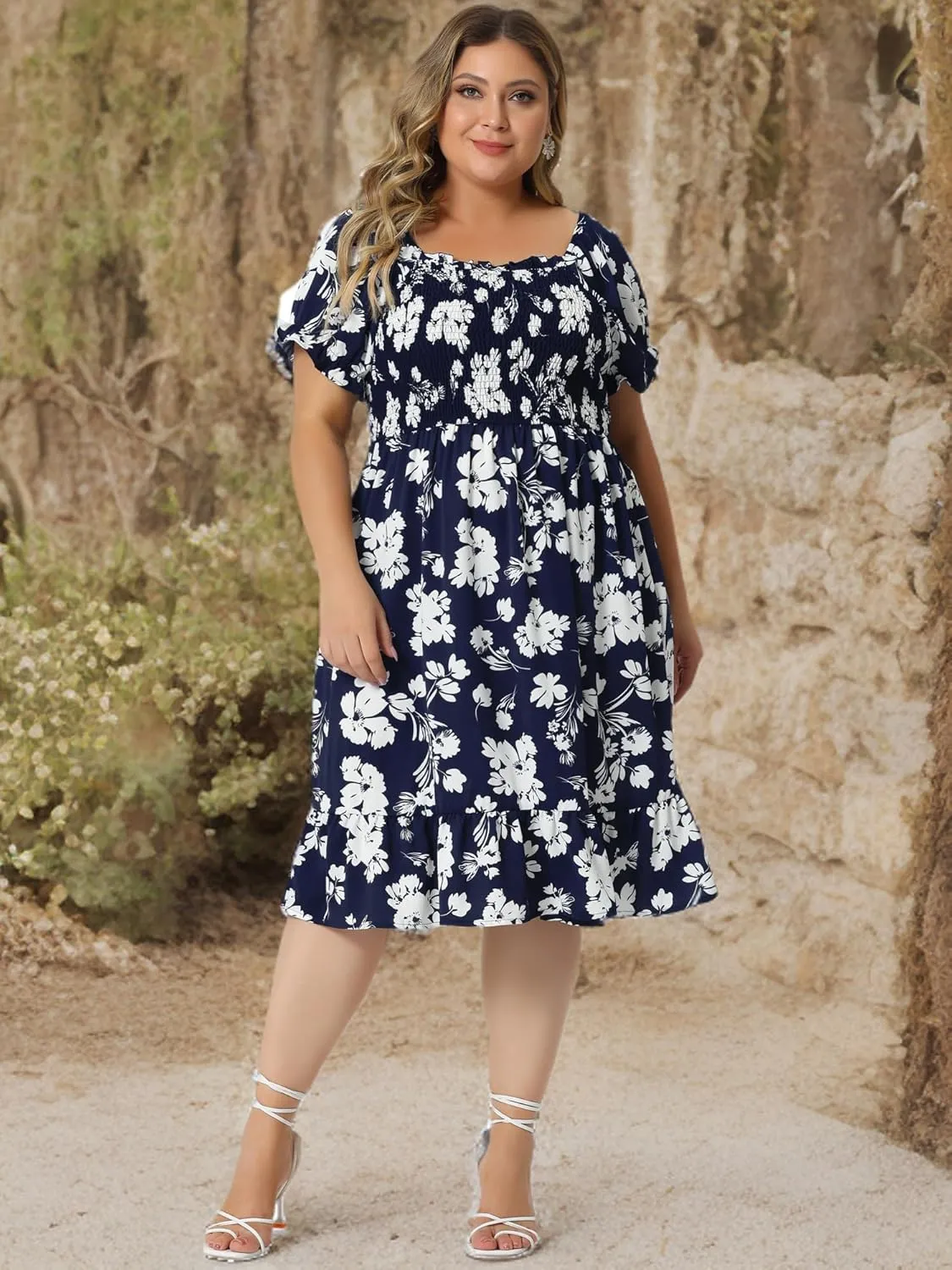 Agnes Orinda Plus Size Dress for Women Ruffle Short Sleeve Flared Flowy Smock Floral Print Dresses