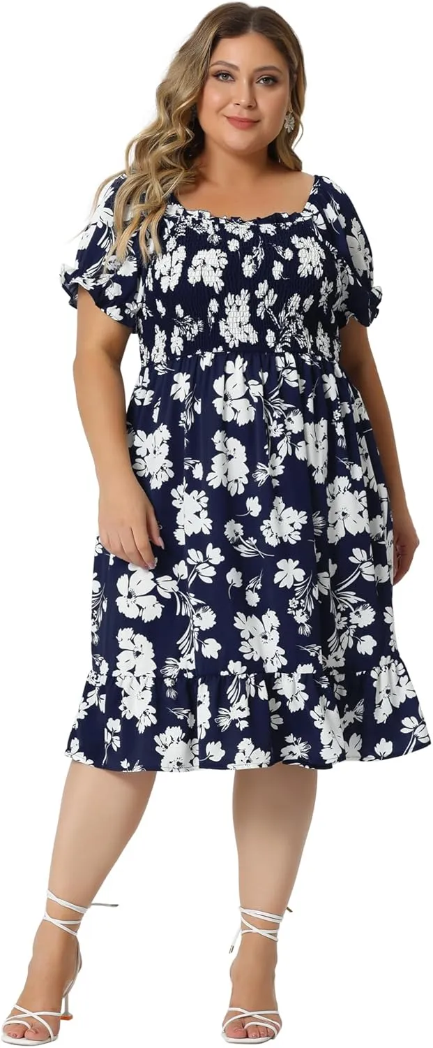 Agnes Orinda Plus Size Dress for Women Ruffle Short Sleeve Flared Flowy Smock Floral Print Dresses