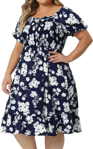 Agnes Orinda Plus Size Dress for Women Ruffle Short Sleeve Flared Flowy Smock Floral Print Dresses