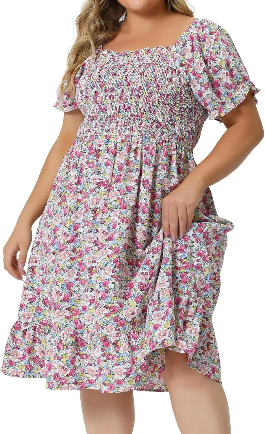 Agnes Orinda Plus Size Dress for Women Ruffle Short Sleeve Flared Flowy Smock Floral Print Dresses