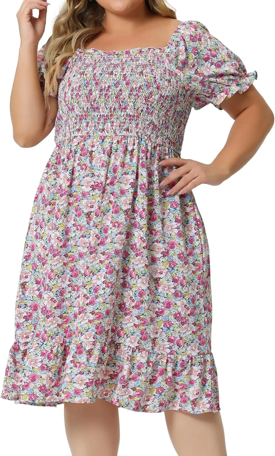 Agnes Orinda Plus Size Dress for Women Ruffle Short Sleeve Flared Flowy Smock Floral Print Dresses