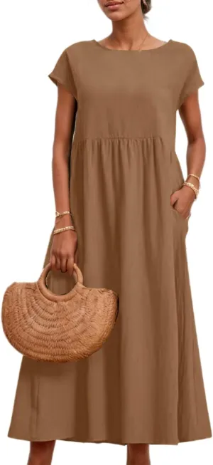 Akivide Women's Cotton Linen Boho Maxi Dress Summer Casual Loose Short Sleeve Crewneck Beach Vacation Dress with Pockets