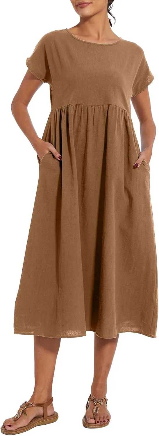 Akivide Women's Cotton Linen Boho Maxi Dress Summer Casual Loose Short Sleeve Crewneck Beach Vacation Dress with Pockets