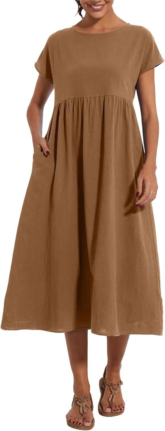 Akivide Women's Cotton Linen Boho Maxi Dress Summer Casual Loose Short Sleeve Crewneck Beach Vacation Dress with Pockets