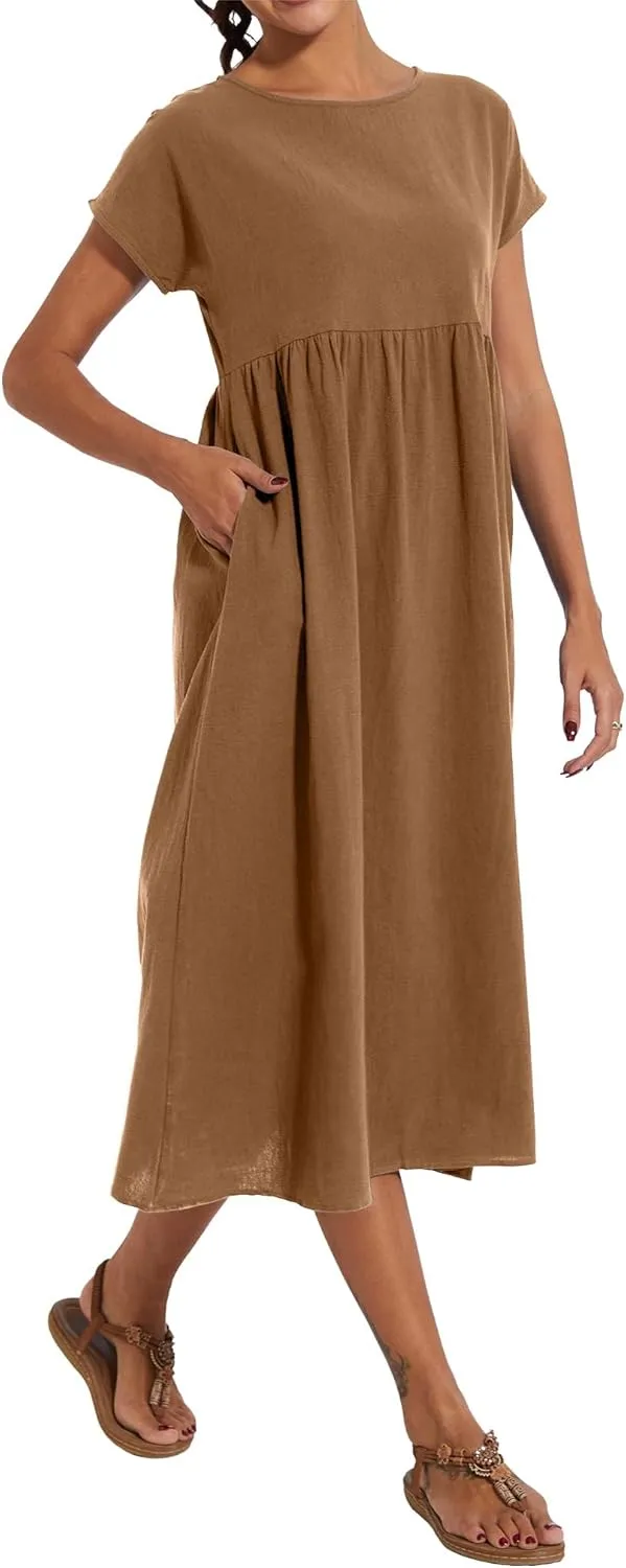 Akivide Women's Cotton Linen Boho Maxi Dress Summer Casual Loose Short Sleeve Crewneck Beach Vacation Dress with Pockets