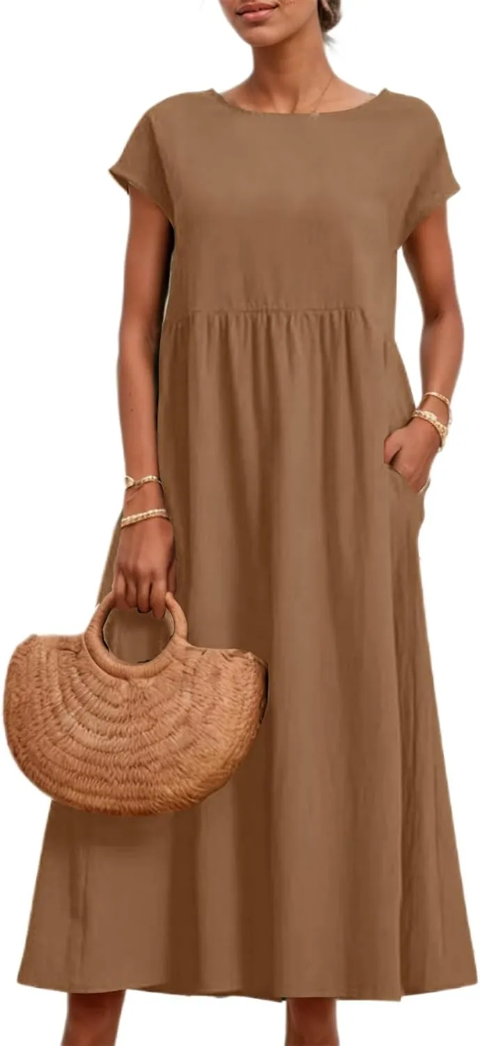 Akivide Women's Cotton Linen Boho Maxi Dress Summer Casual Loose Short Sleeve Crewneck Beach Vacation Dress with Pockets