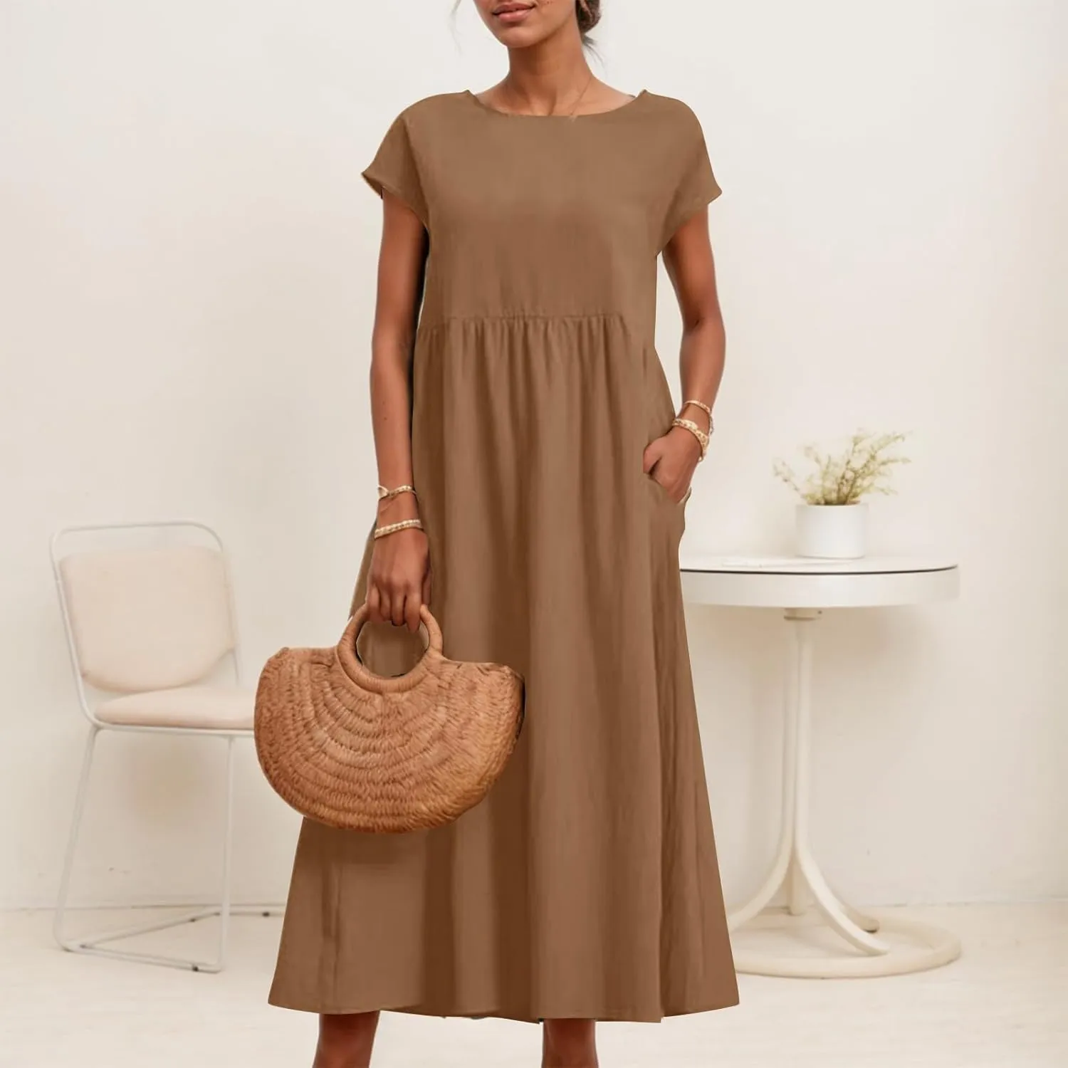 Akivide Women's Cotton Linen Boho Maxi Dress Summer Casual Loose Short Sleeve Crewneck Beach Vacation Dress with Pockets