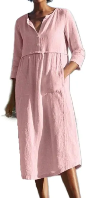 Akivide Womens Cotton Linen Casual Loose Midi Dress 3/4 Sleeve Flowy Beach Vacation Shirt Dresses with Pockets