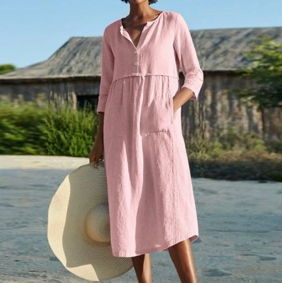Akivide Womens Cotton Linen Casual Loose Midi Dress 3/4 Sleeve Flowy Beach Vacation Shirt Dresses with Pockets