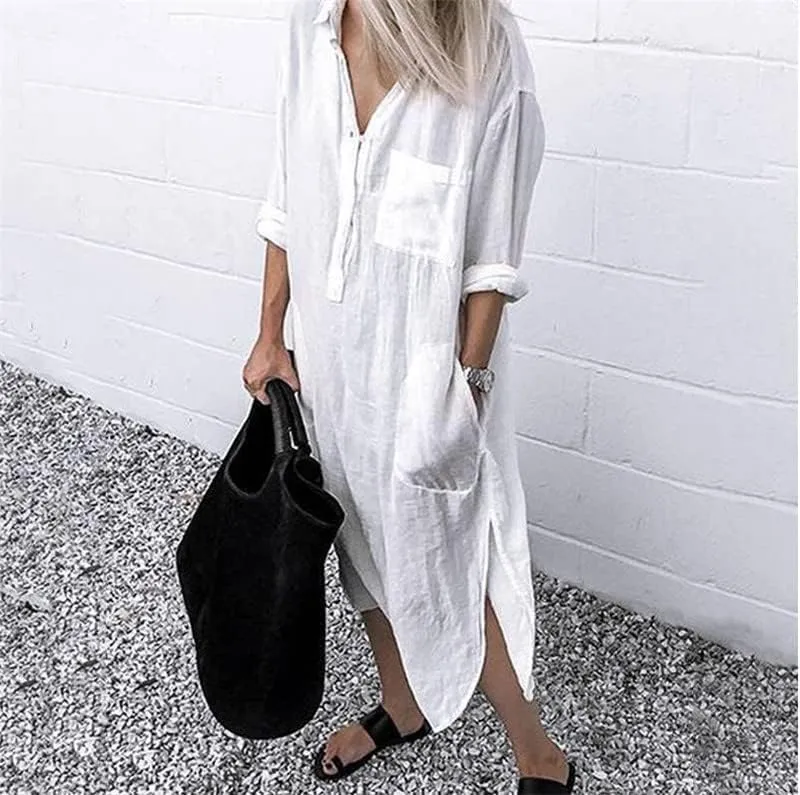 Akivide Women's Plus Size Cotton Shirt Dress Casual Loose Long Sleeve Half Button Up Collared Midi Dresses with Pockets