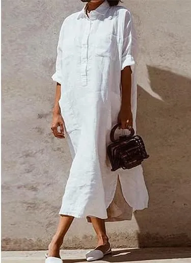 Akivide Women's Plus Size Cotton Shirt Dress Casual Loose Long Sleeve Half Button Up Collared Midi Dresses with Pockets