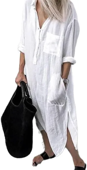 Akivide Women's Plus Size Cotton Shirt Dress Casual Loose Long Sleeve Half Button Up Collared Midi Dresses with Pockets