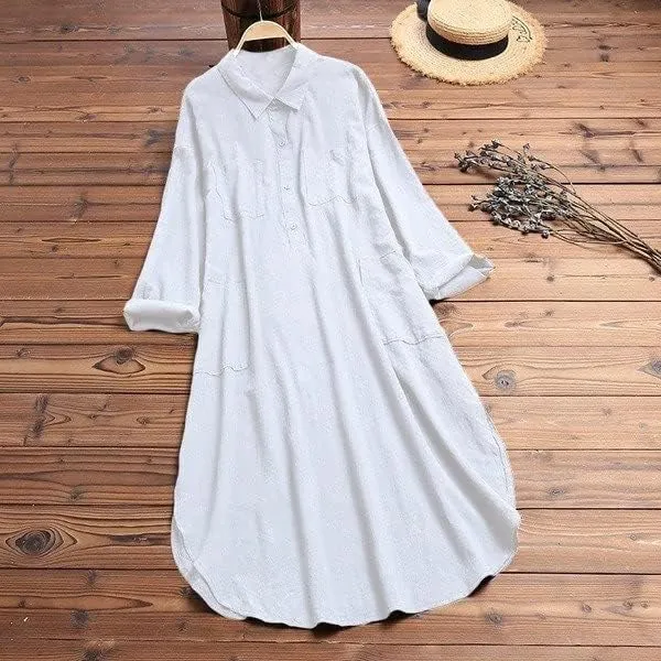 Akivide Women's Plus Size Cotton Shirt Dress Casual Loose Long Sleeve Half Button Up Collared Midi Dresses with Pockets