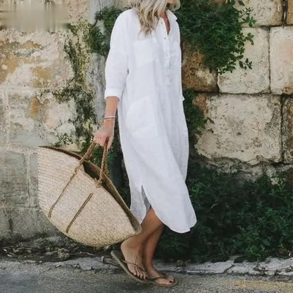 Akivide Women's Plus Size Cotton Shirt Dress Casual Loose Long Sleeve Half Button Up Collared Midi Dresses with Pockets