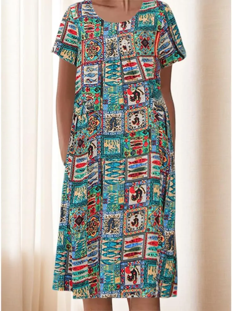 Akivide Women's Summer Boho Floral Print Short Sleeve Midi Dresses Crewneck Tshirt Dress for Women with 2 Big Side Pockets