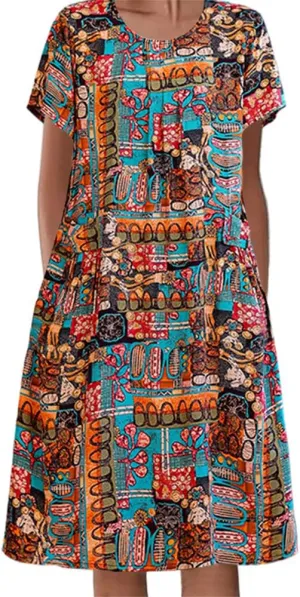Akivide Women's Summer Boho Floral Print Short Sleeve Midi Dresses Crewneck Tshirt Dress for Women with 2 Big Side Pockets