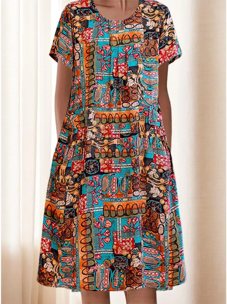 Akivide Women's Summer Boho Floral Print Short Sleeve Midi Dresses Crewneck Tshirt Dress for Women with 2 Big Side Pockets