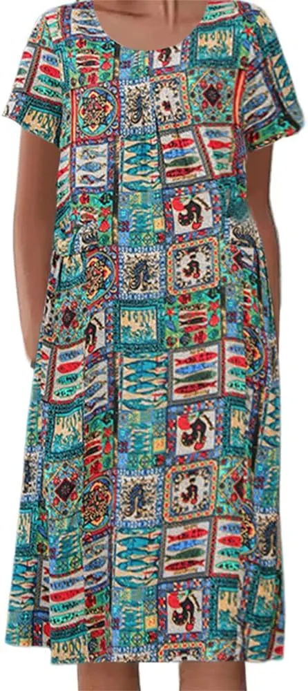 Akivide Women's Summer Boho Floral Print Short Sleeve Midi Dresses Crewneck Tshirt Dress for Women with 2 Big Side Pockets