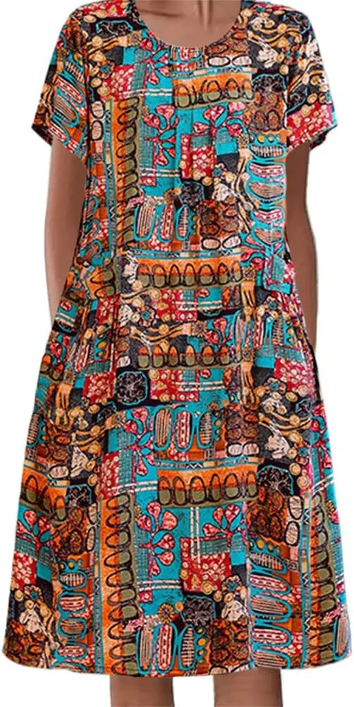 Akivide Women's Summer Boho Floral Print Short Sleeve Midi Dresses Crewneck Tshirt Dress for Women with 2 Big Side Pockets