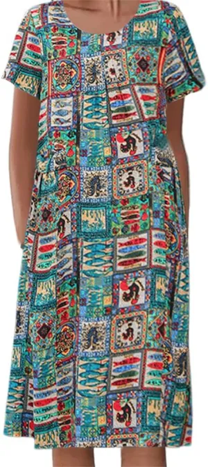 Akivide Women's Summer Boho Floral Print Short Sleeve Midi Dresses Crewneck Tshirt Dress for Women with 2 Big Side Pockets