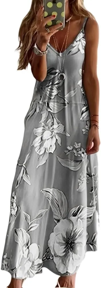 Akivide Womens Summer Boho Floral Printed Spaghetti Strap Maxi Dresses Casual V-Neck Sleeveless Beach A-line Sundress 2024
