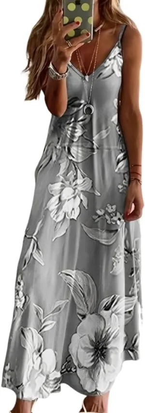 Akivide Womens Summer Boho Floral Printed Spaghetti Strap Maxi Dresses Casual V-Neck Sleeveless Beach A-line Sundress 2024