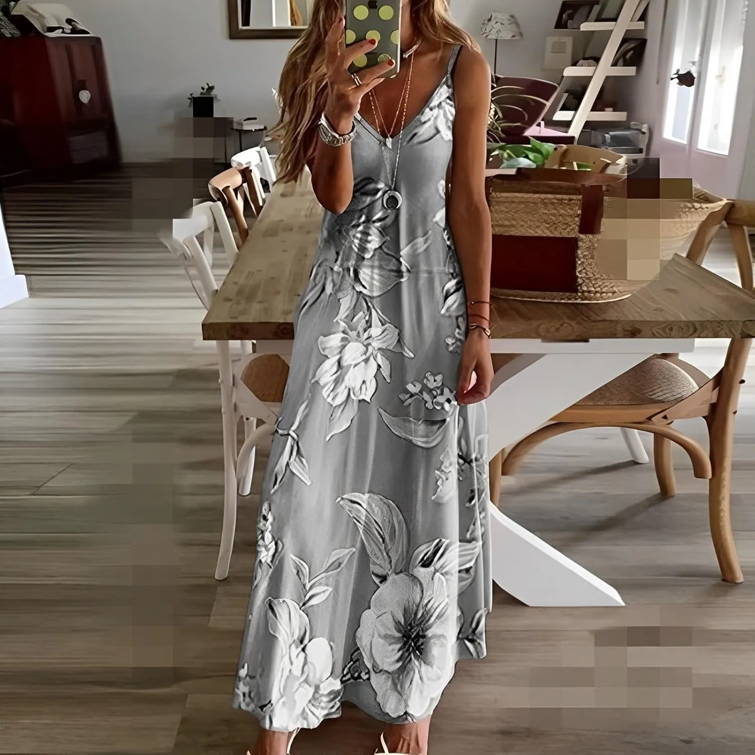 Akivide Womens Summer Boho Floral Printed Spaghetti Strap Maxi Dresses Casual V-Neck Sleeveless Beach A-line Sundress 2024