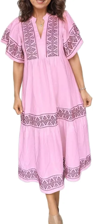 Akivide Women's Summer Boho Flutter Short Sleeve Midi Dress Flowy Casual Ruffle Tiered Beach Vacation Dress with Pockets