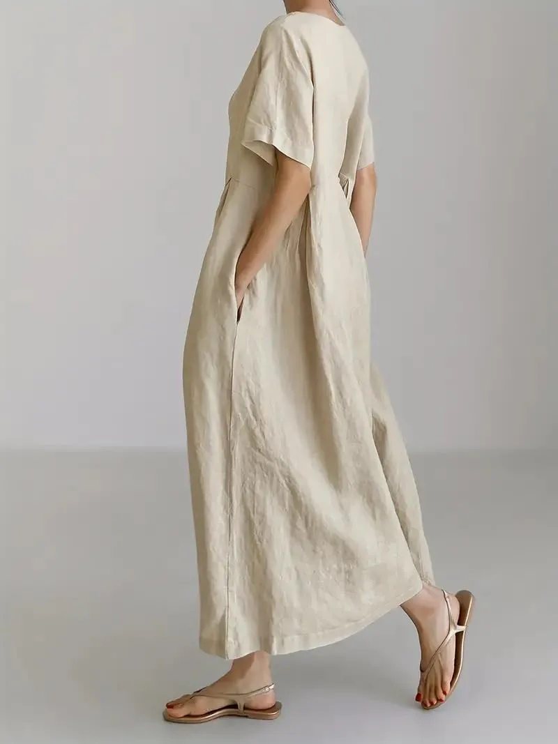 Akivide Women's Summer Flowy Cotton Linen Short Sleeve Maxi Dress Casual Plus Size Crewneck Beach Tshirt Dress with Pockets