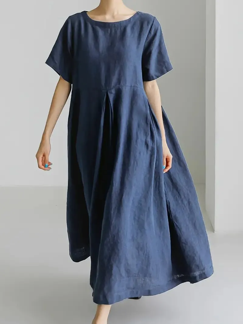 Akivide Women's Summer Flowy Cotton Linen Short Sleeve Maxi Dress Casual Plus Size Crewneck Beach Tshirt Dress with Pockets
