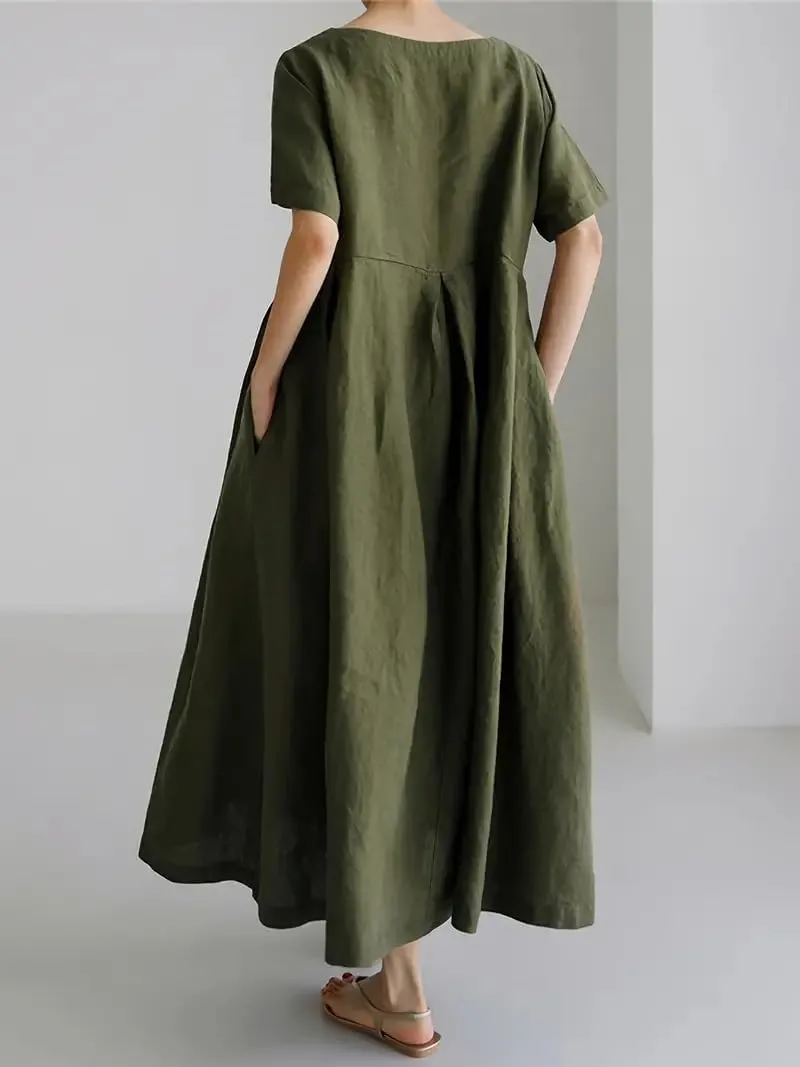 Akivide Women's Summer Flowy Cotton Linen Short Sleeve Maxi Dress Casual Plus Size Crewneck Beach Tshirt Dress with Pockets