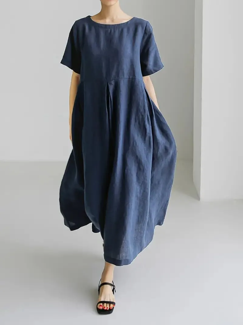 Akivide Women's Summer Flowy Cotton Linen Short Sleeve Maxi Dress Casual Plus Size Crewneck Beach Tshirt Dress with Pockets