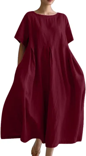 Akivide Women's Summer Flowy Cotton Linen Short Sleeve Maxi Dress Casual Plus Size Crewneck Beach Tshirt Dress with Pockets