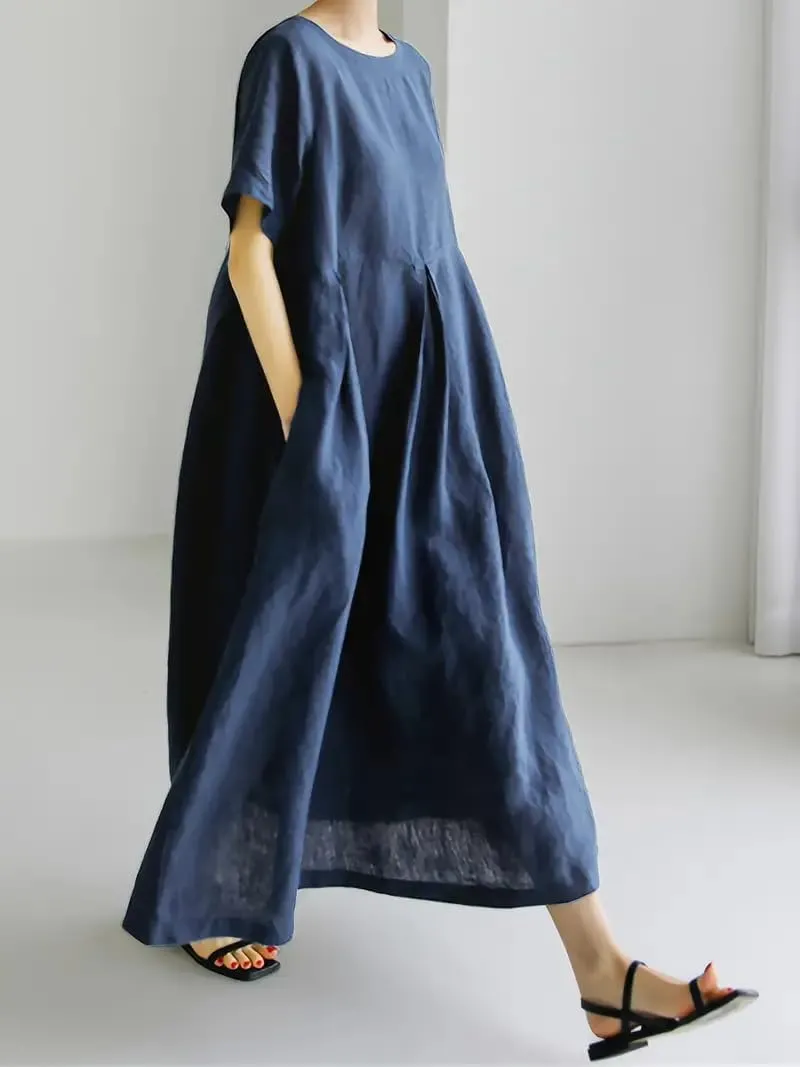 Akivide Women's Summer Flowy Cotton Linen Short Sleeve Maxi Dress Casual Plus Size Crewneck Beach Tshirt Dress with Pockets