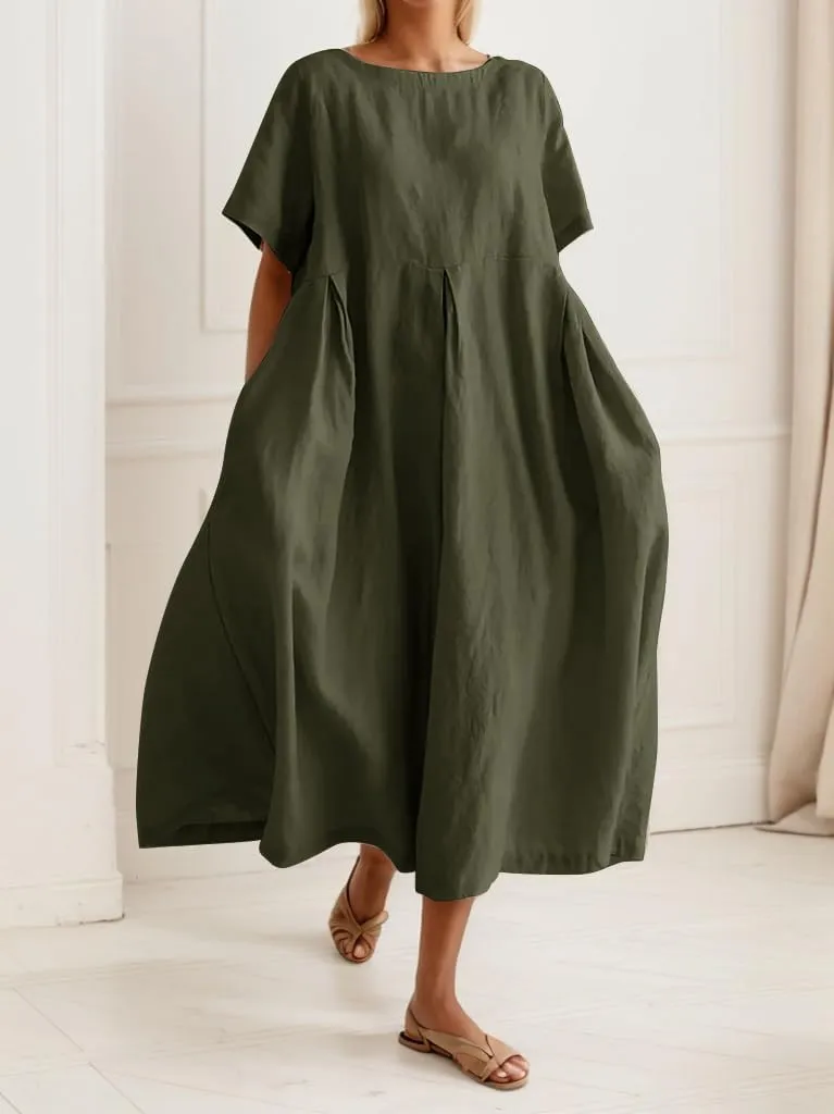 Akivide Women's Summer Flowy Cotton Linen Short Sleeve Maxi Dress Casual Plus Size Crewneck Beach Tshirt Dress with Pockets
