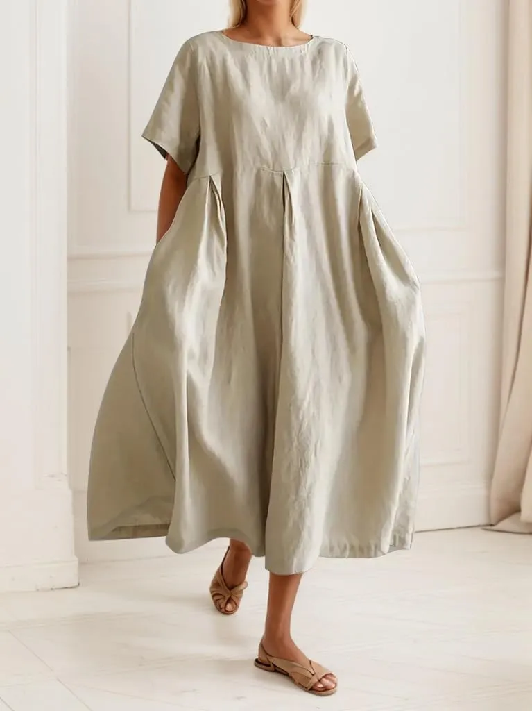 Akivide Women's Summer Flowy Cotton Linen Short Sleeve Maxi Dress Casual Plus Size Crewneck Beach Tshirt Dress with Pockets