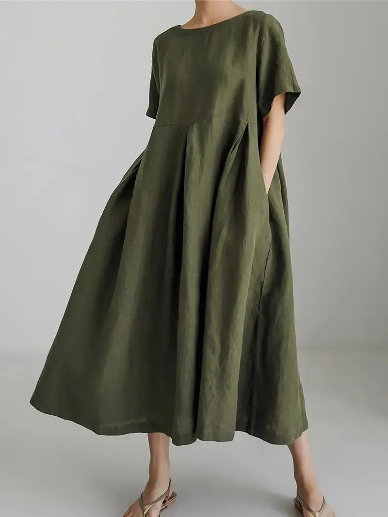 Akivide Women's Summer Flowy Cotton Linen Short Sleeve Maxi Dress Casual Plus Size Crewneck Beach Tshirt Dress with Pockets