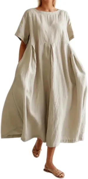 Akivide Women's Summer Flowy Cotton Linen Short Sleeve Maxi Dress Casual Plus Size Crewneck Beach Tshirt Dress with Pockets