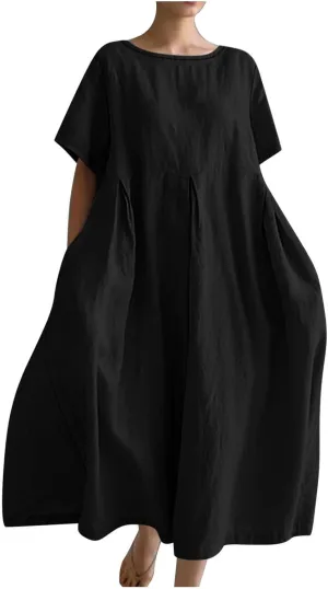 Akivide Women's Summer Flowy Cotton Linen Short Sleeve Maxi Dress Casual Plus Size Crewneck Beach Tshirt Dress with Pockets