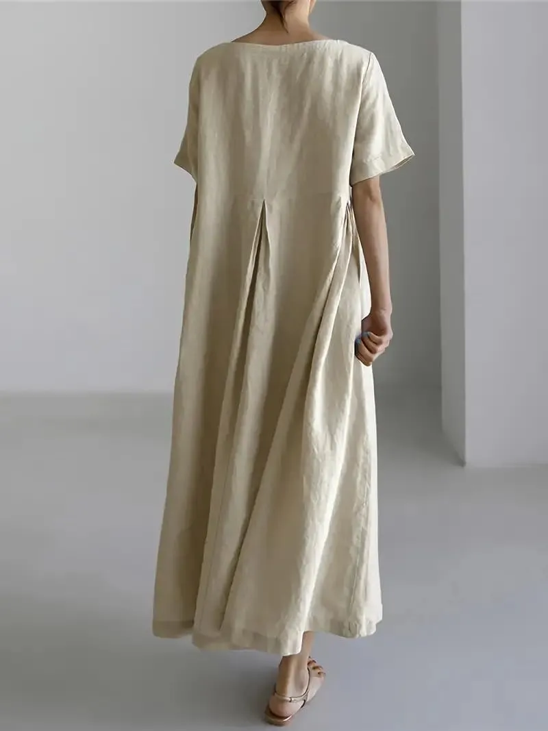 Akivide Women's Summer Flowy Cotton Linen Short Sleeve Maxi Dress Casual Plus Size Crewneck Beach Tshirt Dress with Pockets